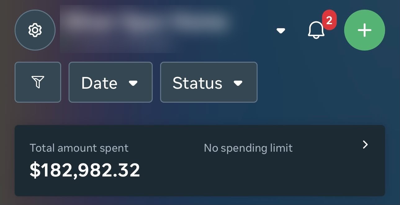 Meta Ads Manager account for a US home services client (name blurred) showing $182,982 total spent across 2 active campaigns