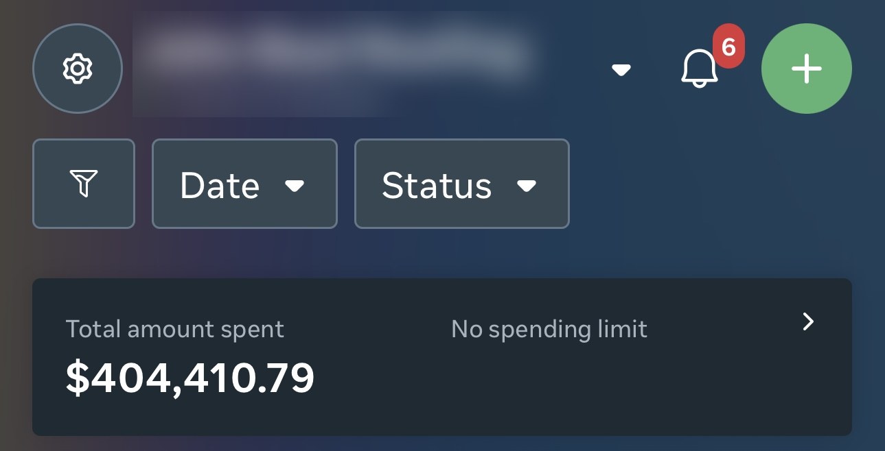 Meta Ads Manager account for a US roofing client (name blurred) showing $404,410 total spent across 4 active campaigns