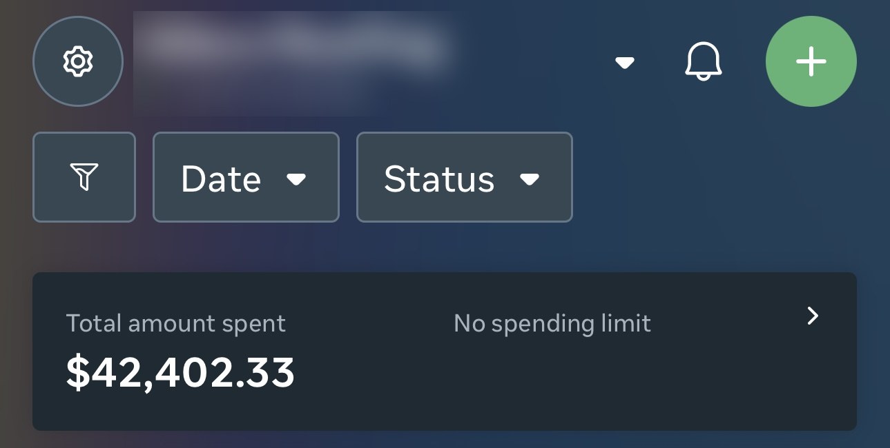 Meta Ads Manager account for a US roofing client (name blurred) showing $42,402 total spent