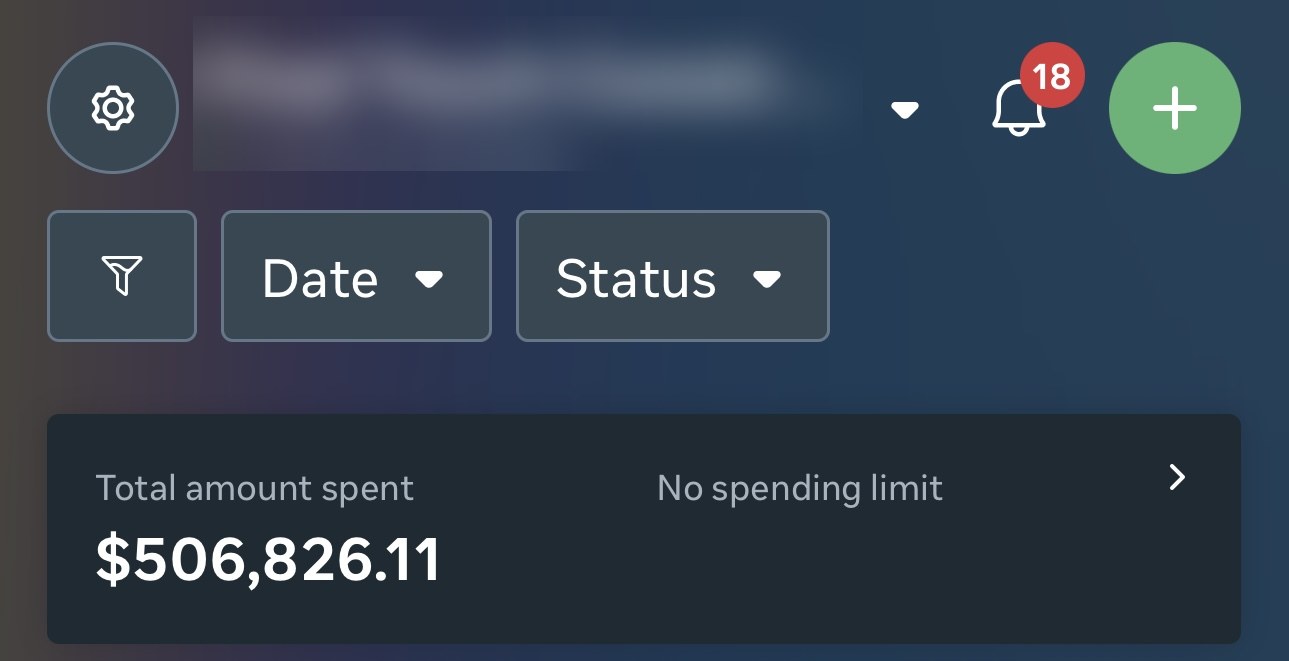 Meta Ads Manager account for a US construction client (name blurred) showing $506,826 total spent across 11 active campaigns