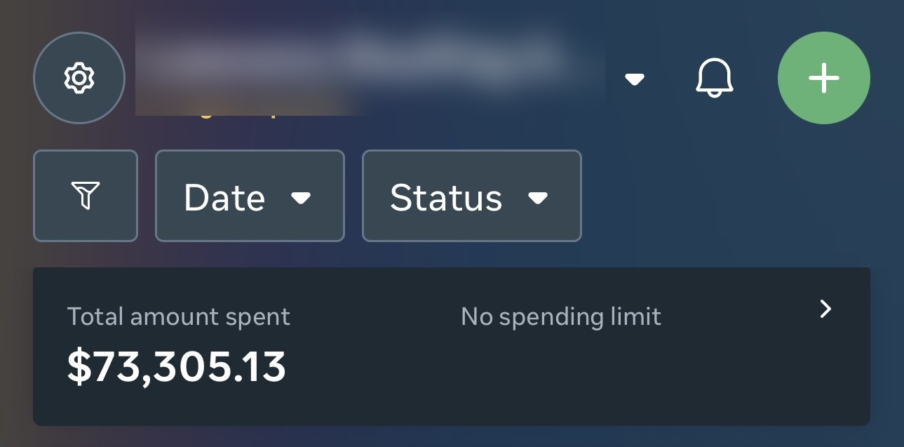 Meta Ads Manager account for a US roofing client (name blurred) showing $73,305 total spent
