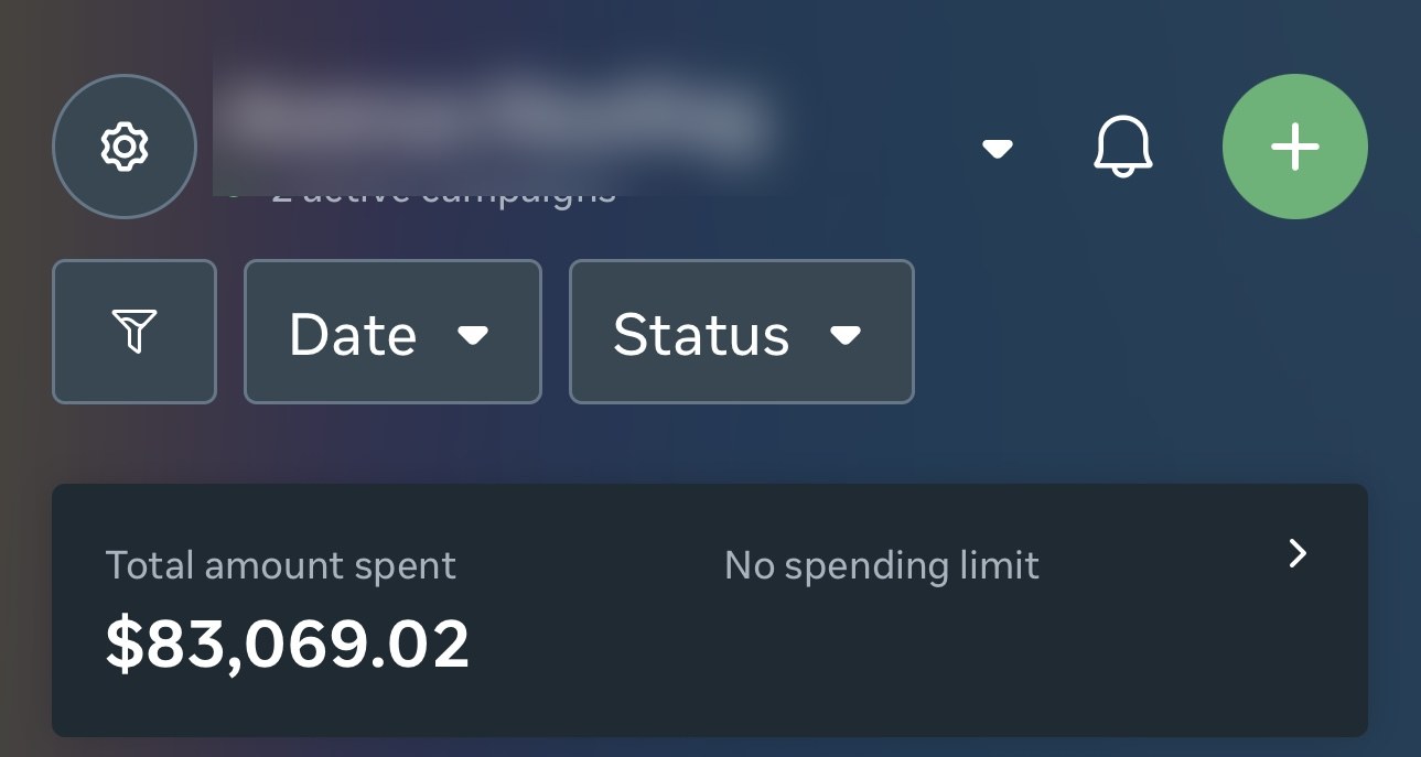 Meta Ads Manager account for a US roofing client (name blurred) showing $83,069 total spent across 2 active campaigns