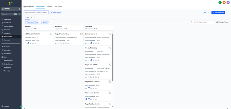 GoHighLevel opportunity pipeline with custom stages and automated opportunity tracking