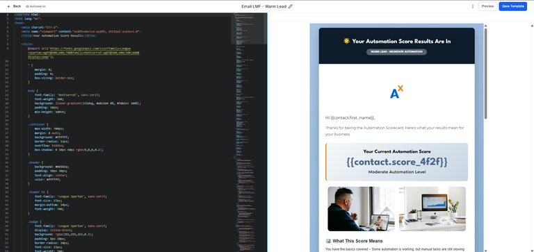Custom HTML and CSS email template built inside GoHighLevel, shown with code and live preview